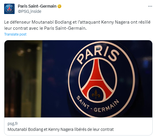不再训练小恶魔了？官方：巴黎圣日耳曼终止两名2000年代出生的年轻球员博迪昂和纳格拉的合同