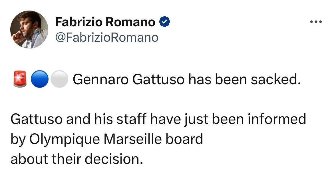 硬汉无能为力！罗马诺：马赛主帅加图索已被解雇