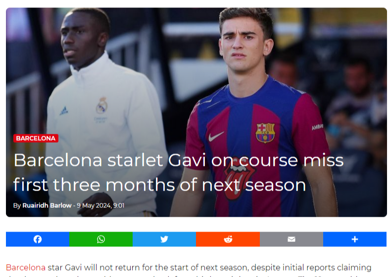 加维至少缺席下赛季前3个月 巴萨抱怨国家队队医拖后腿导致康复时间延长