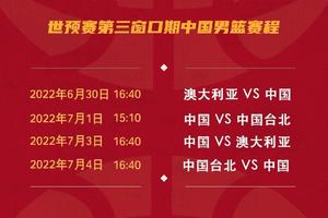 官方：中国男篮世预赛赛程出炉 首战对阵澳大利亚