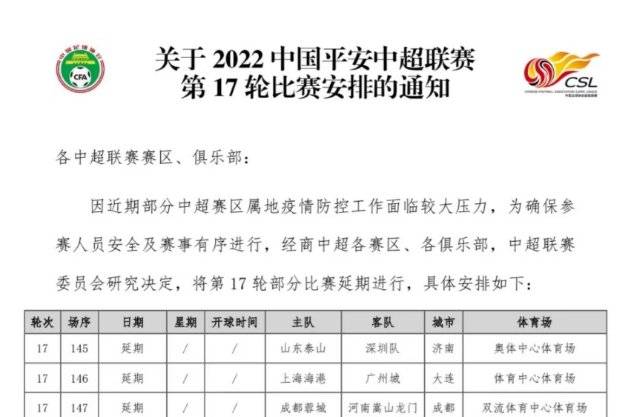 官方：中超第17轮6场比赛延期 泰山vs深圳、三镇vs沧州等多场比赛在列