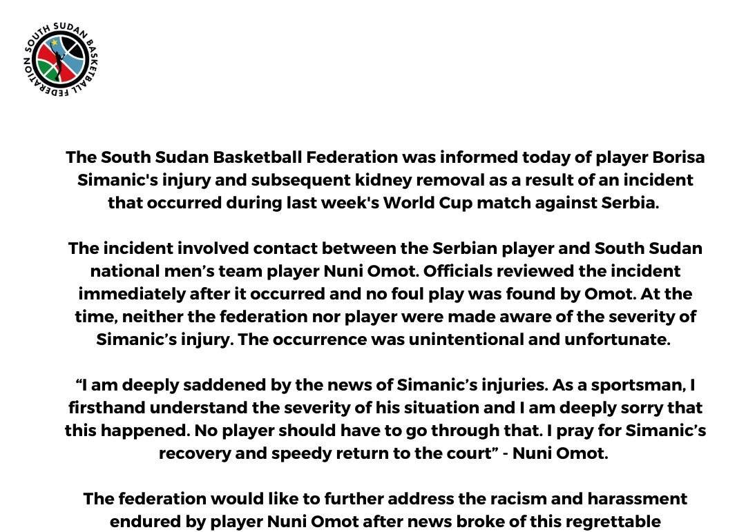 南苏丹篮联：被摘肾的球员很不幸 但对骚扰我国球员的言论表示强烈谴责
