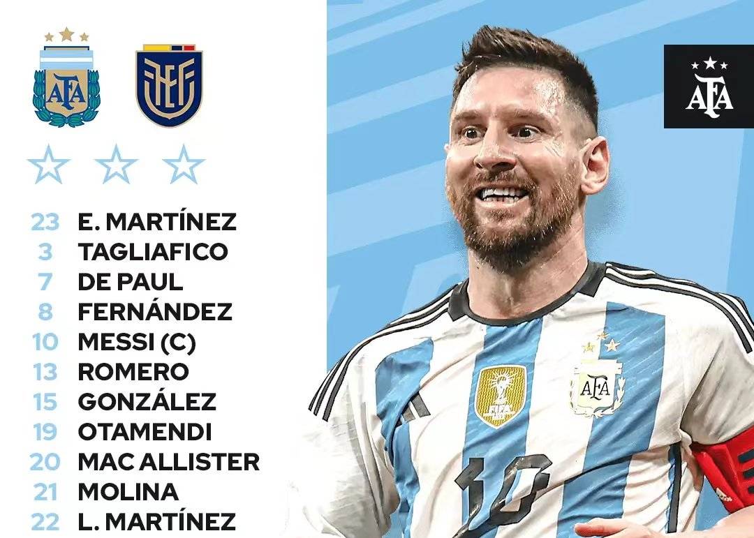 阿根廷vs厄瓜多尔首发：梅西领衔 劳塔罗PK凯赛多