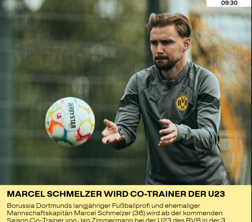 官方：施梅尔泽将担任多特蒙德U23梯队助理教练