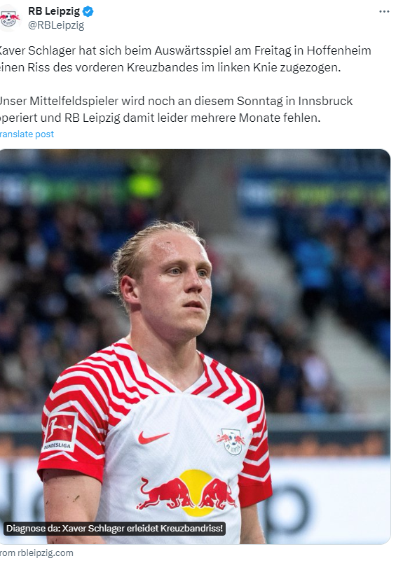 官方：莱比锡中场施拉格十字韧带撕裂 将无法代表奥地利参加欧洲杯