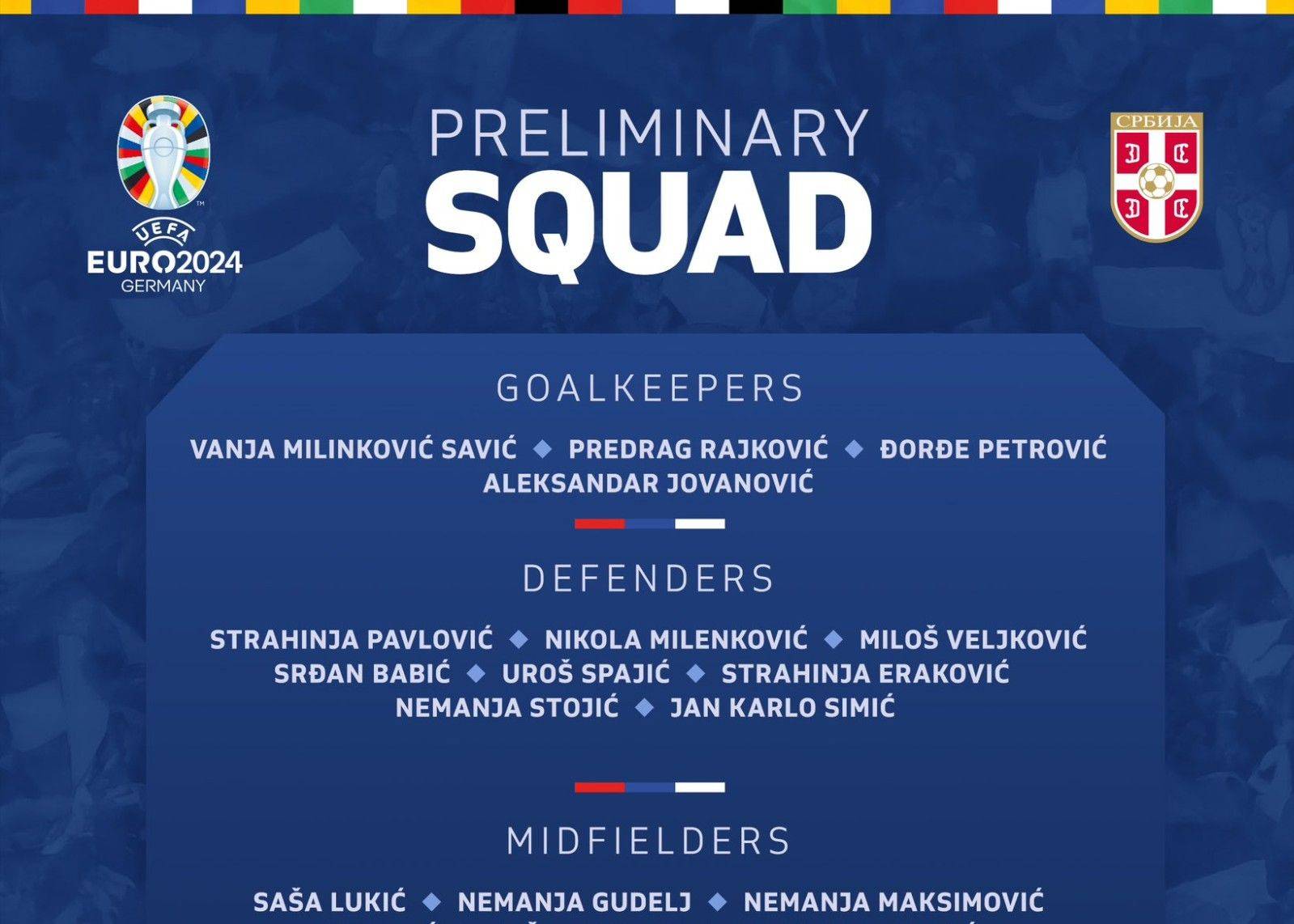 塞尔维亚欧洲杯35人初选名单：米特罗维奇、弗拉霍维奇领衔