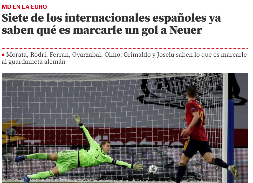 🧐德国危？世体：现役西班牙国脚有7人曾洞穿过诺伊尔把守的球门